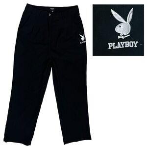 Playboy Pants Black Logo Women’s Boyfriend Pleated Flattering/Straight/Leg Sz L